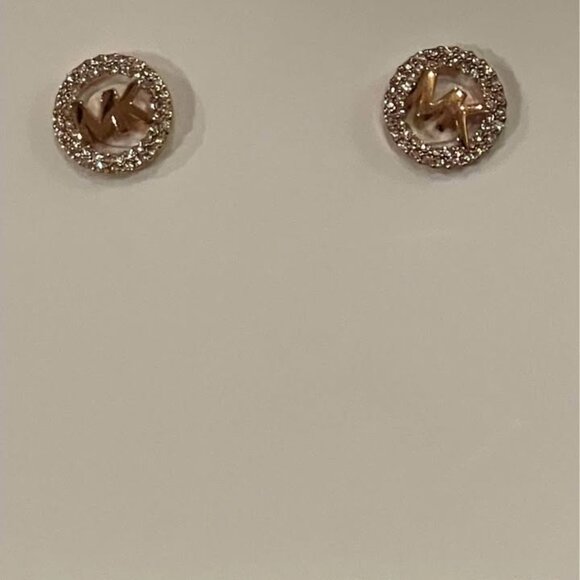 Michael Kors Stud Earrings MK Logo Crystal Pave Round Button - Picture 3 of 3
